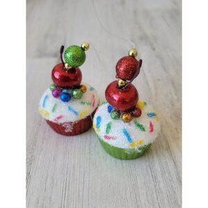 Glitter Sparkle Cherry cupcake bakery set ornament Xmas decor